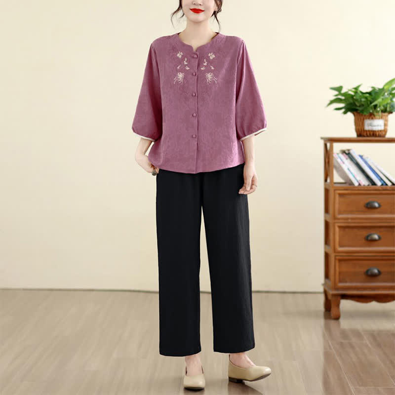 Nimara Ritual Summer Vintage Tang Style Embroidery Floral Women's Three-Quarter Sleeve Shirts