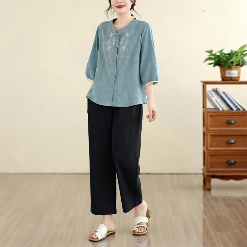 Nimara Ritual Summer Vintage Tang Style Embroidery Floral Women's Three-Quarter Sleeve Shirts