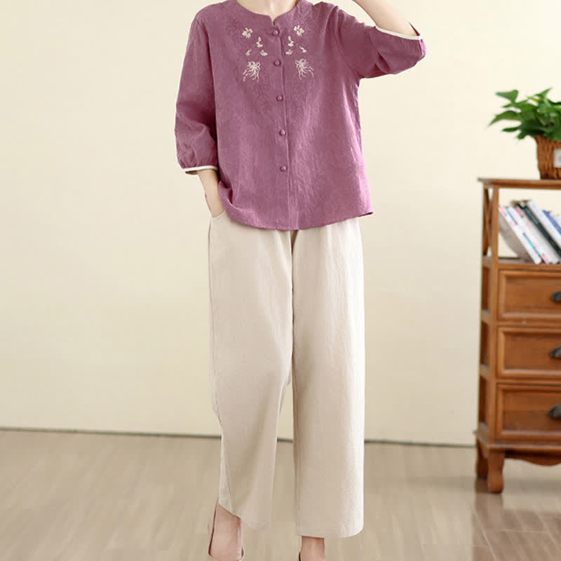 Nimara Ritual Summer Vintage Tang Style Embroidery Floral Women's Three-Quarter Sleeve Shirts