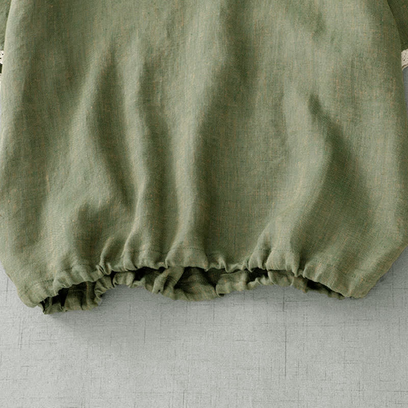 Nimara Ritual Summer Casual Boho Button-Up Solid Green Hooded Lace Trim Women's Short Sleeve Shirts