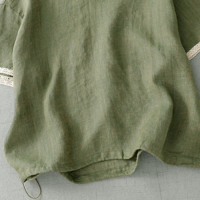 Nimara Ritual Summer Casual Boho Button-Up Solid Green Hooded Lace Trim Women's Short Sleeve Shirts