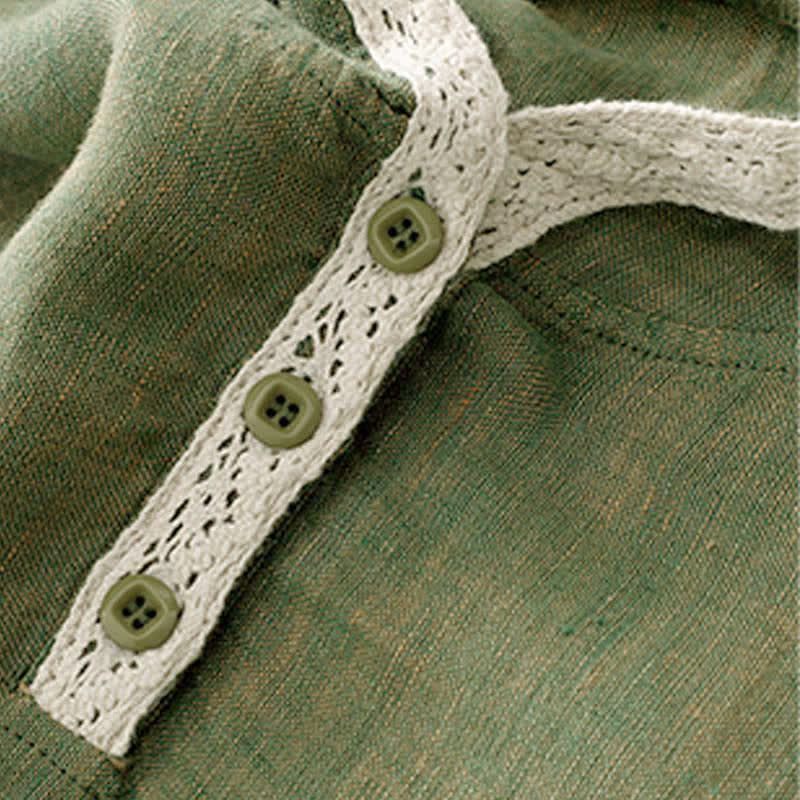 Nimara Ritual Summer Casual Boho Button-Up Solid Green Hooded Lace Trim Women's Short Sleeve Shirts