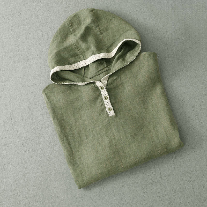 Nimara Ritual Summer Casual Boho Button-Up Solid Green Hooded Lace Trim Women's Short Sleeve Shirts