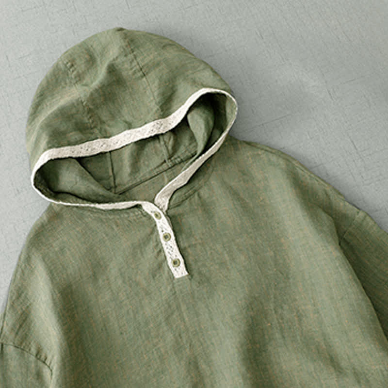 Nimara Ritual Summer Casual Boho Button-Up Solid Green Hooded Lace Trim Women's Short Sleeve Shirts