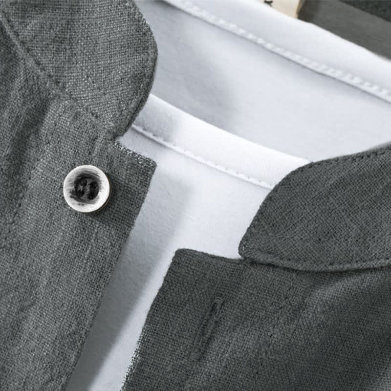 Nimara Ritual Spring Summer Casual Tang Style Mandarin Collar Solid Men's Long Sleeve Shirts With Pocket