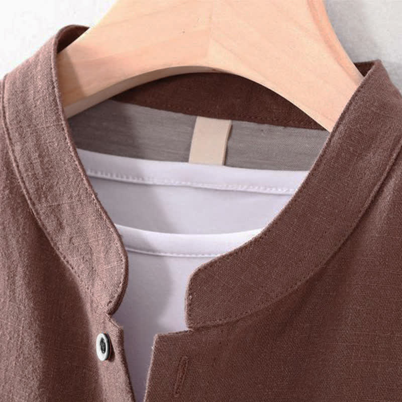 Nimara Ritual Spring Summer Casual Tang Style Mandarin Collar Solid Men's Long Sleeve Shirts With Pocket