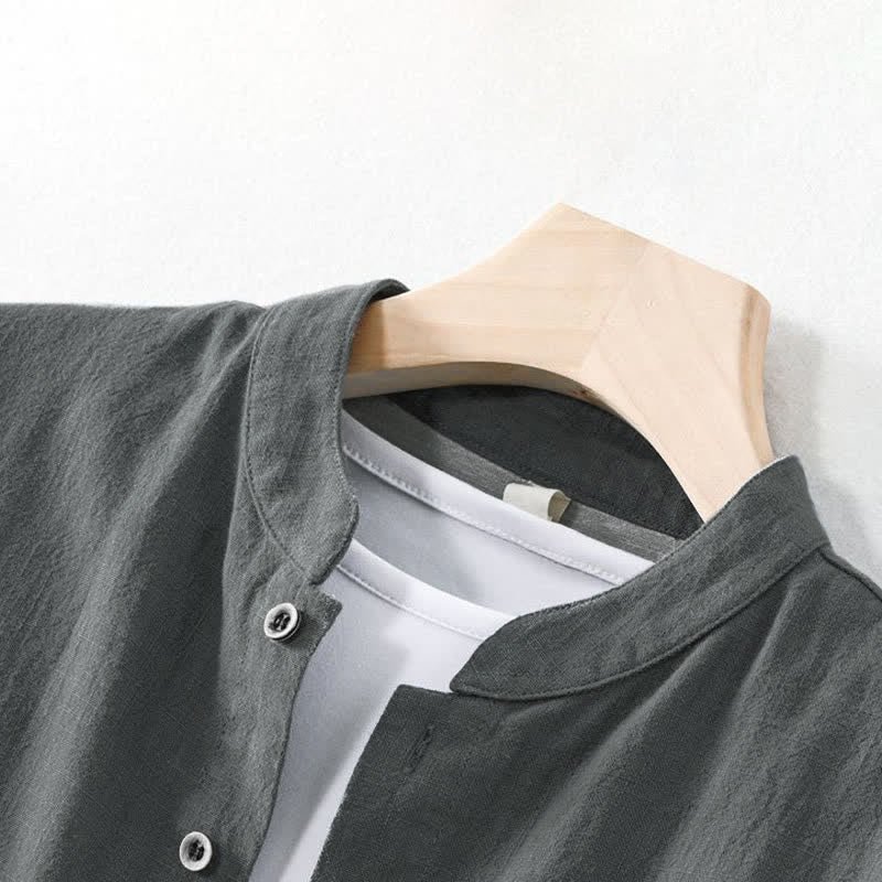 Nimara Ritual Spring Summer Casual Tang Style Mandarin Collar Solid Men's Long Sleeve Shirts With Pocket