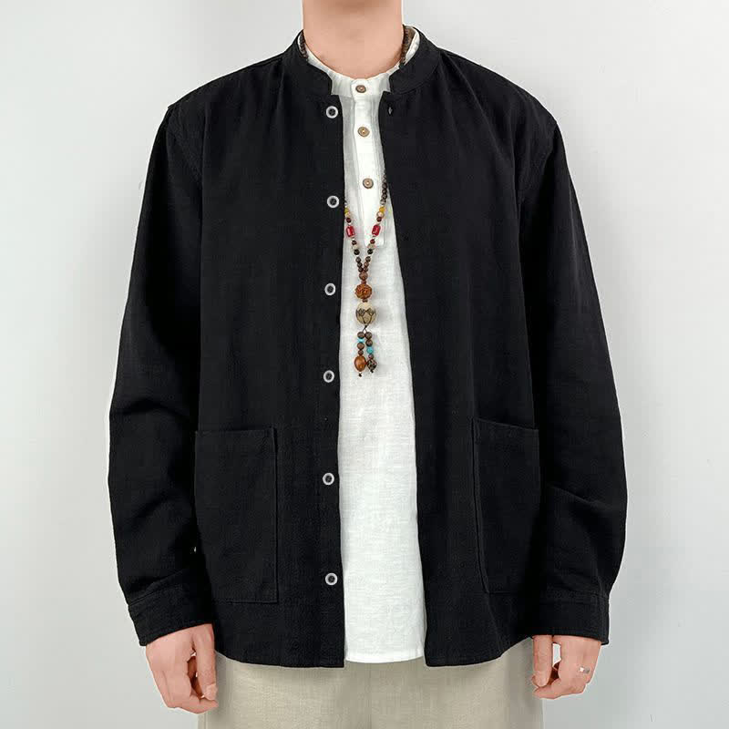 Nimara Ritual Spring Summer Casual Tang Style Mandarin Collar Solid Men's Long Sleeve Shirts With Pocket