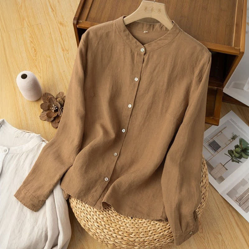 Nimara Ritual Fall Casual Tang Style Mandarin Collar Solid Women's Long Sleeve Shirts