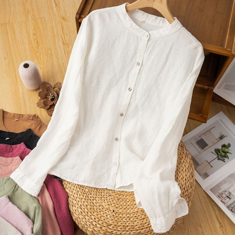 Nimara Ritual Fall Casual Tang Style Mandarin Collar Solid Women's Long Sleeve Shirts