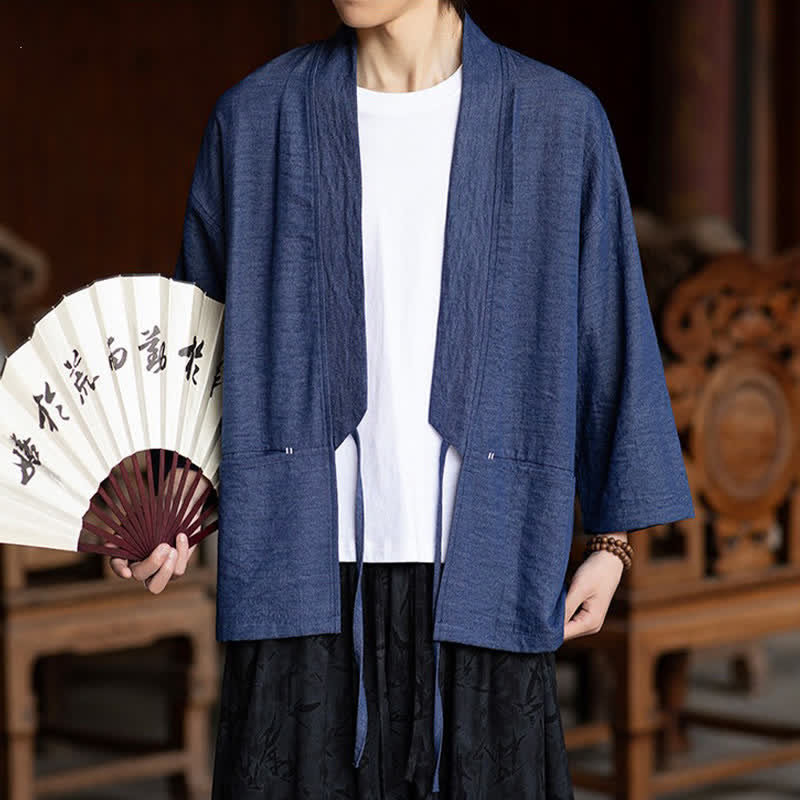 Nimara Ritual Spring Summer Casual Minimalist Drawstring Solid Three-Quarter Sleeve Men's Kimono With Pocket