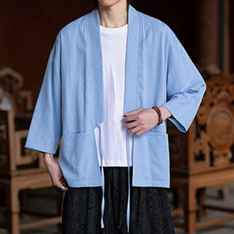 Nimara Ritual Spring Summer Casual Minimalist Drawstring Solid Three-Quarter Sleeve Men's Kimono With Pocket