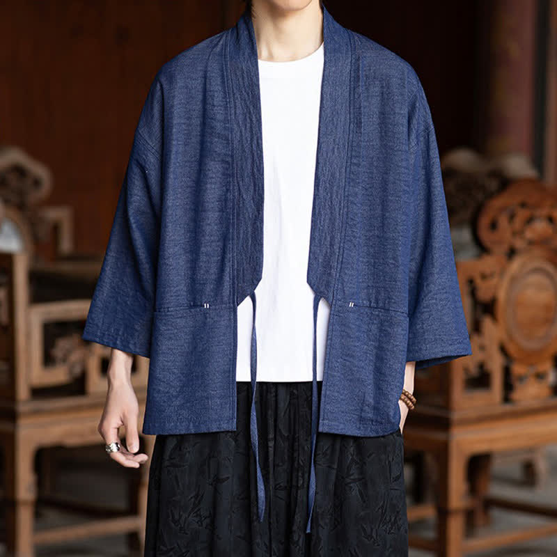 Nimara Ritual Spring Summer Casual Minimalist Drawstring Solid Three-Quarter Sleeve Men's Kimono With Pocket