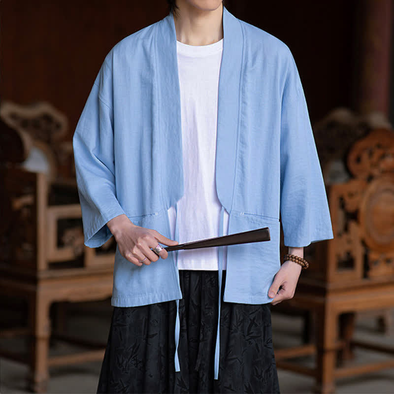 Nimara Ritual Spring Summer Casual Minimalist Drawstring Solid Three-Quarter Sleeve Men's Kimono With Pocket