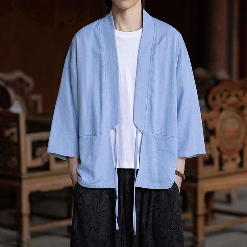 Nimara Ritual Spring Summer Casual Minimalist Drawstring Solid Three-Quarter Sleeve Men's Kimono With Pocket