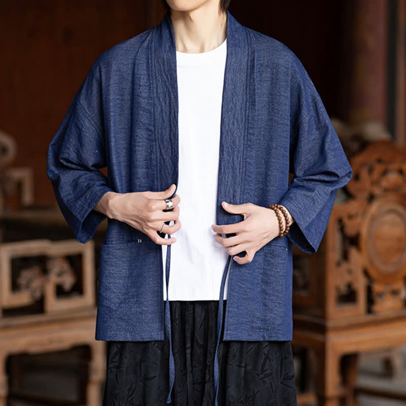 Nimara Ritual Spring Summer Casual Minimalist Drawstring Solid Three-Quarter Sleeve Men's Kimono With Pocket