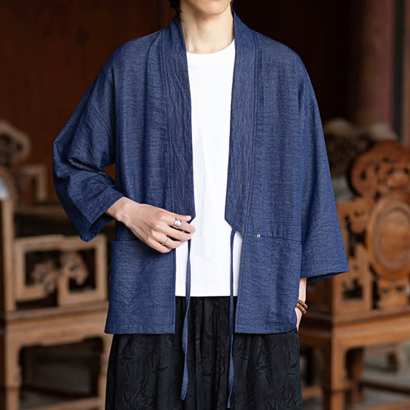 Nimara Ritual Spring Summer Casual Minimalist Drawstring Solid Three-Quarter Sleeve Men's Kimono With Pocket
