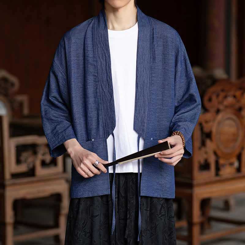 Nimara Ritual Spring Summer Casual Minimalist Drawstring Solid Three-Quarter Sleeve Men's Kimono With Pocket