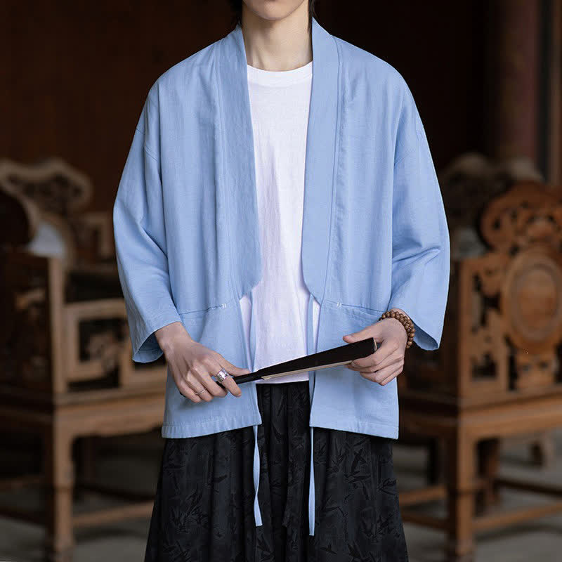 Nimara Ritual Spring Summer Casual Minimalist Drawstring Solid Three-Quarter Sleeve Men's Kimono With Pocket