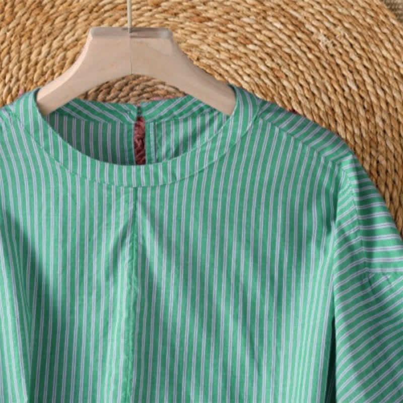 Nimara Ritual Spring Casual Minimalist Green Striped Crew Neck Women's Long Sleeve T-Shirt