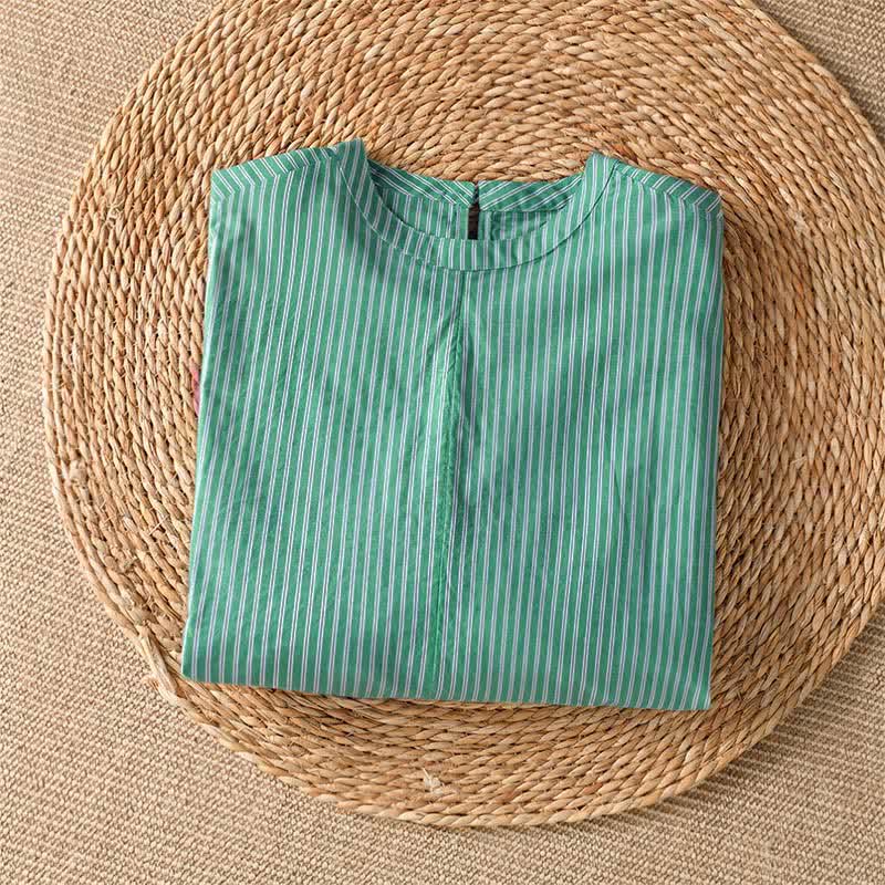Nimara Ritual Spring Casual Minimalist Green Striped Crew Neck Women's Long Sleeve T-Shirt