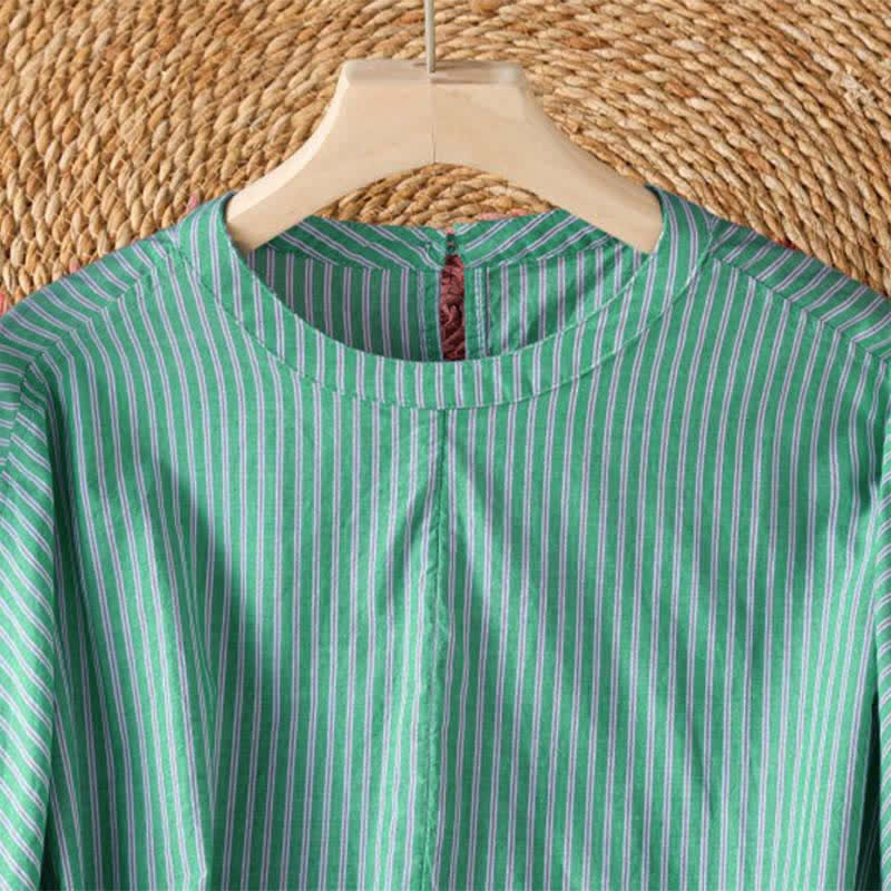 Nimara Ritual Spring Casual Minimalist Green Striped Crew Neck Women's Long Sleeve T-Shirt