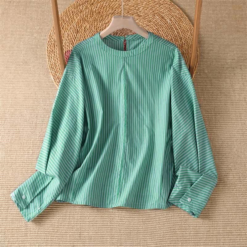 Nimara Ritual Spring Casual Minimalist Green Striped Crew Neck Women's Long Sleeve T-Shirt