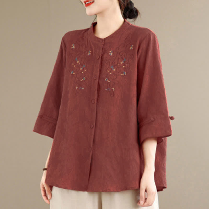 Nimara Ritual Spring Summer Vintage Tang Style Embroidery Mandarin Collar Floral Women's Long Sleeve Shirts