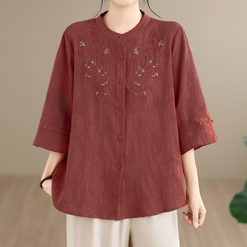 Nimara Ritual Spring Summer Vintage Tang Style Embroidery Mandarin Collar Floral Women's Long Sleeve Shirts