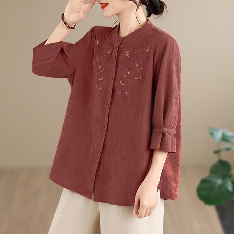 Nimara Ritual Spring Summer Vintage Tang Style Embroidery Mandarin Collar Floral Women's Long Sleeve Shirts