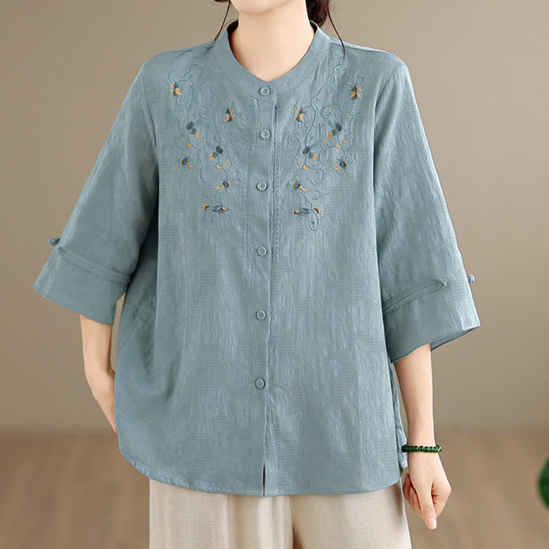 Nimara Ritual Spring Summer Vintage Tang Style Embroidery Mandarin Collar Floral Women's Long Sleeve Shirts