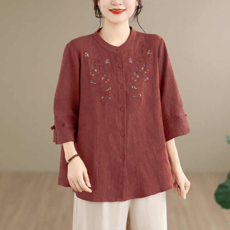 Nimara Ritual Spring Summer Vintage Tang Style Embroidery Mandarin Collar Floral Women's Long Sleeve Shirts