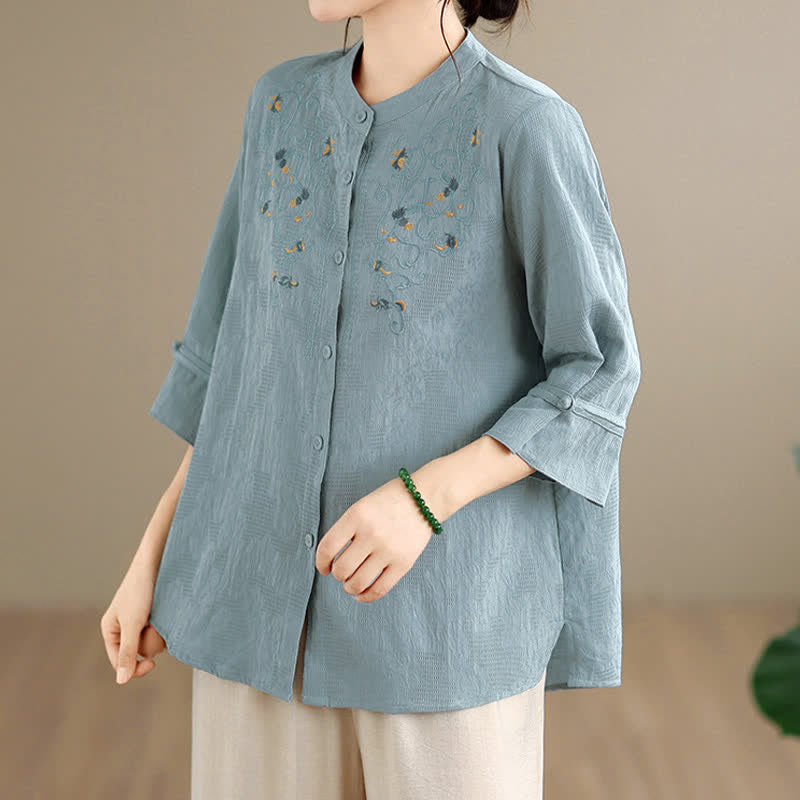 Nimara Ritual Spring Summer Vintage Tang Style Embroidery Mandarin Collar Floral Women's Long Sleeve Shirts