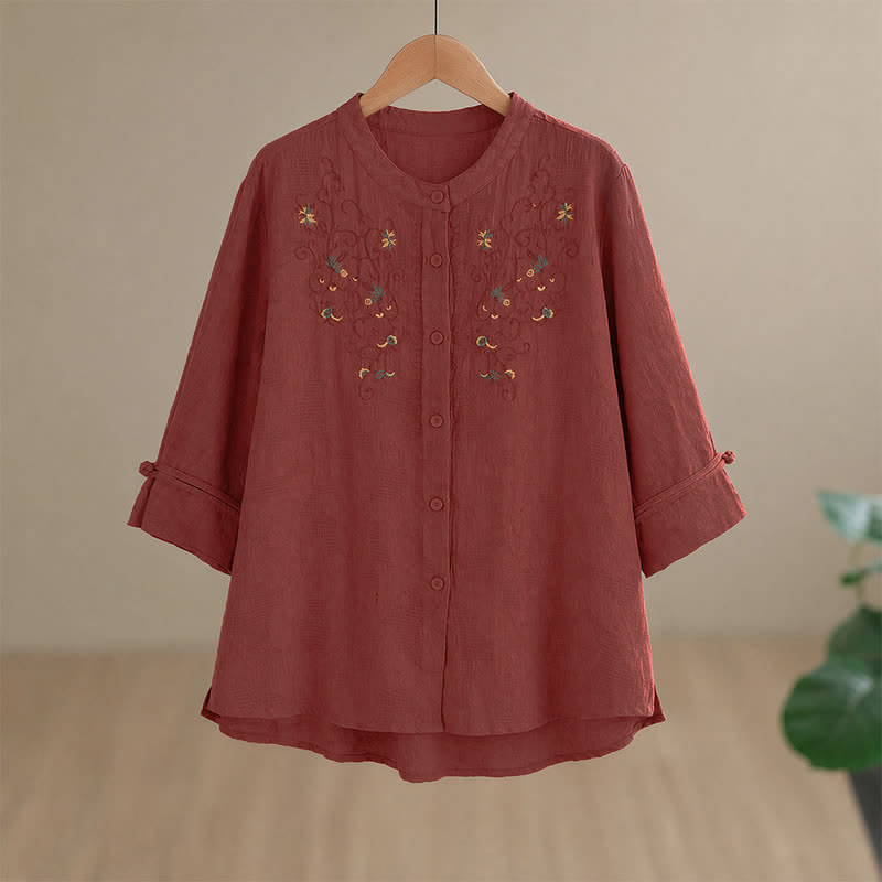 Nimara Ritual Spring Summer Vintage Tang Style Embroidery Mandarin Collar Floral Women's Long Sleeve Shirts