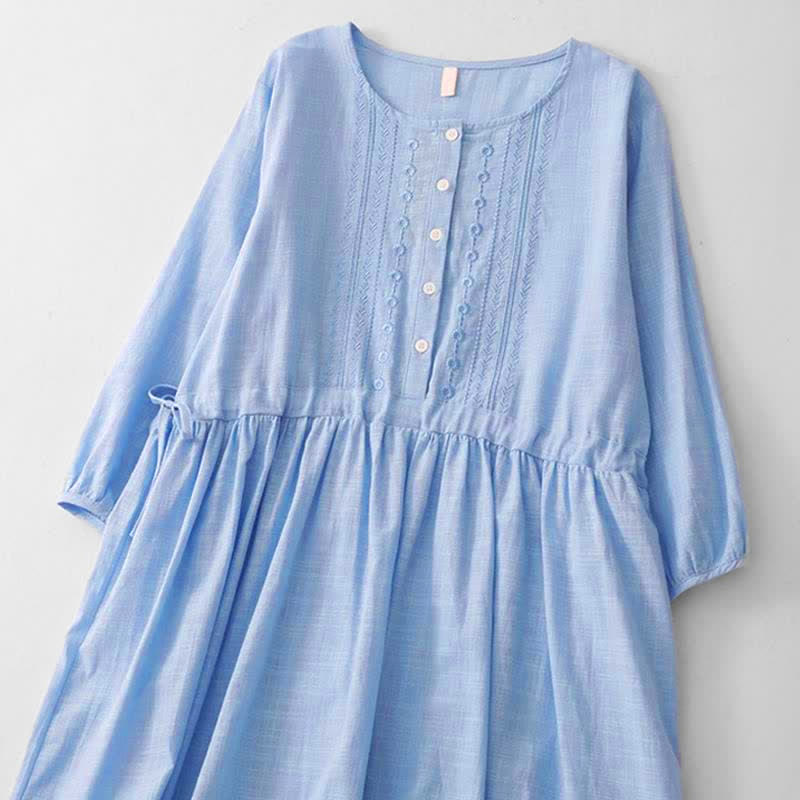 Nimara Ritual Spring Summer Casual Vintage Button-Up Drawstring Solid Crew Neck Women's Three-Quarter Sleeve Dress