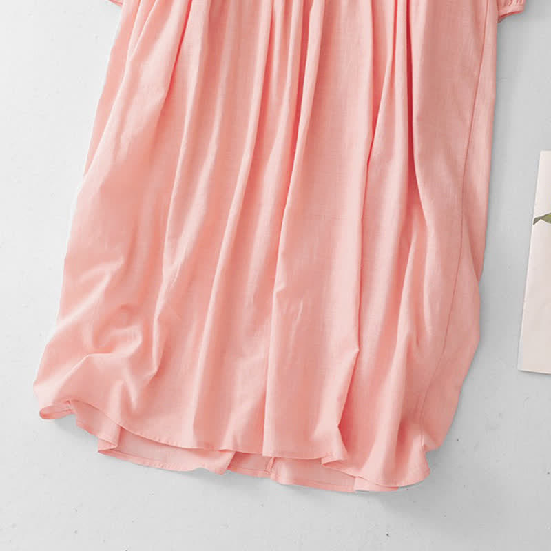 Nimara Ritual Spring Summer Casual Vintage Button-Up Drawstring Solid Crew Neck Women's Three-Quarter Sleeve Dress