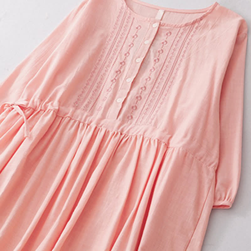 Nimara Ritual Spring Summer Casual Vintage Button-Up Drawstring Solid Crew Neck Women's Three-Quarter Sleeve Dress