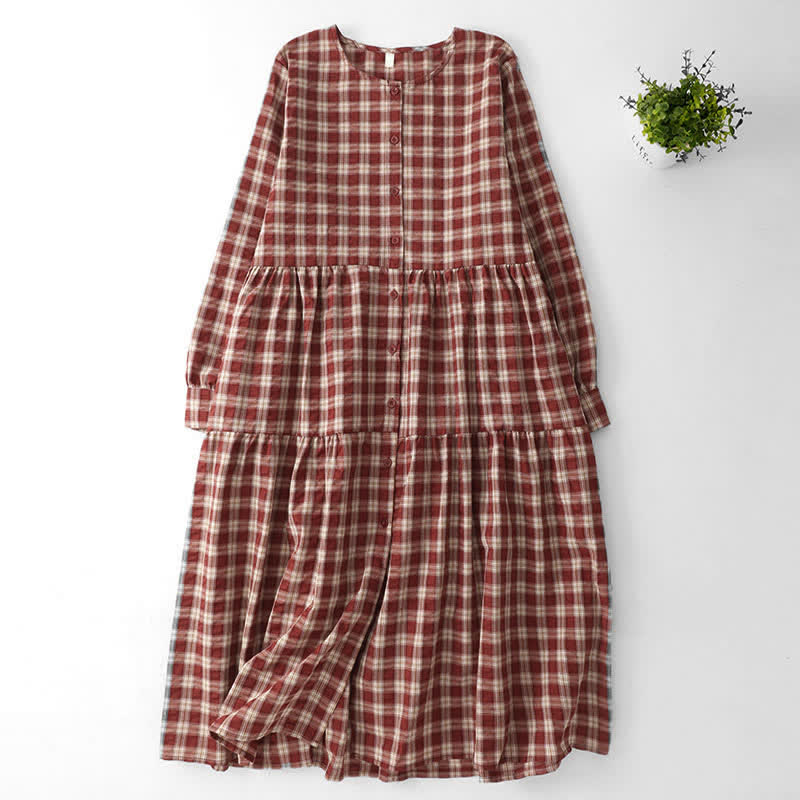 Nimara Ritual Fall Casual Vintage Button-Up Red Plaid Tiered Women's Long Sleeve Dress With Pocket