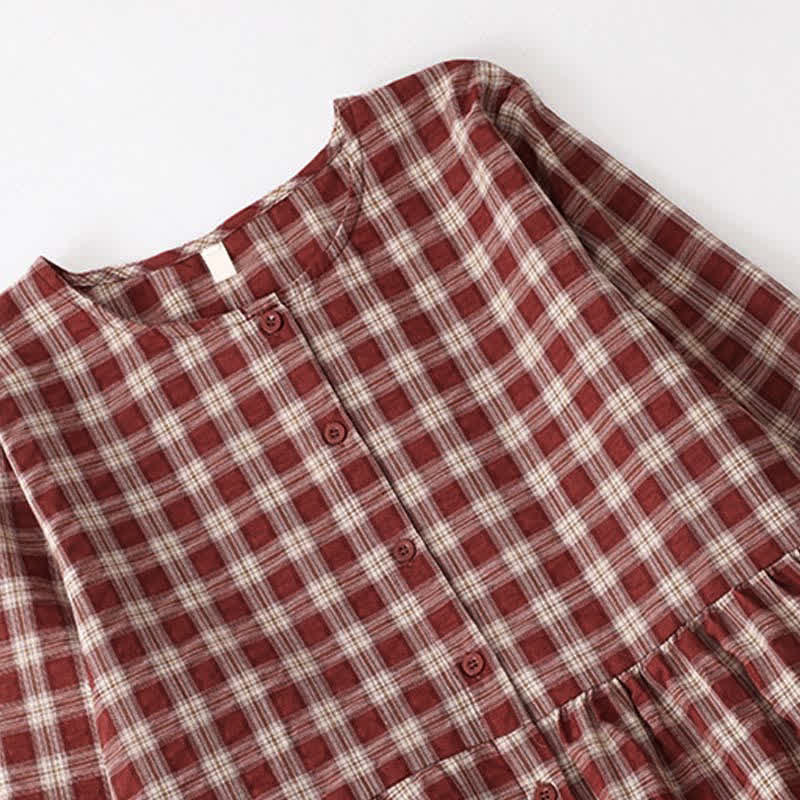 Nimara Ritual Fall Casual Vintage Button-Up Red Plaid Tiered Women's Long Sleeve Dress With Pocket