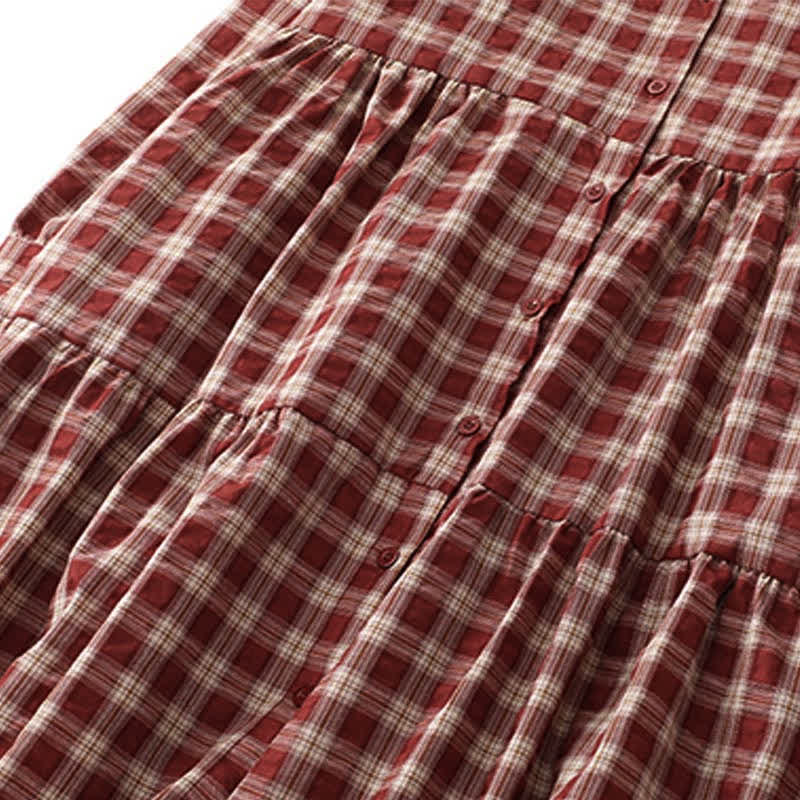 Nimara Ritual Fall Casual Vintage Button-Up Red Plaid Tiered Women's Long Sleeve Dress With Pocket