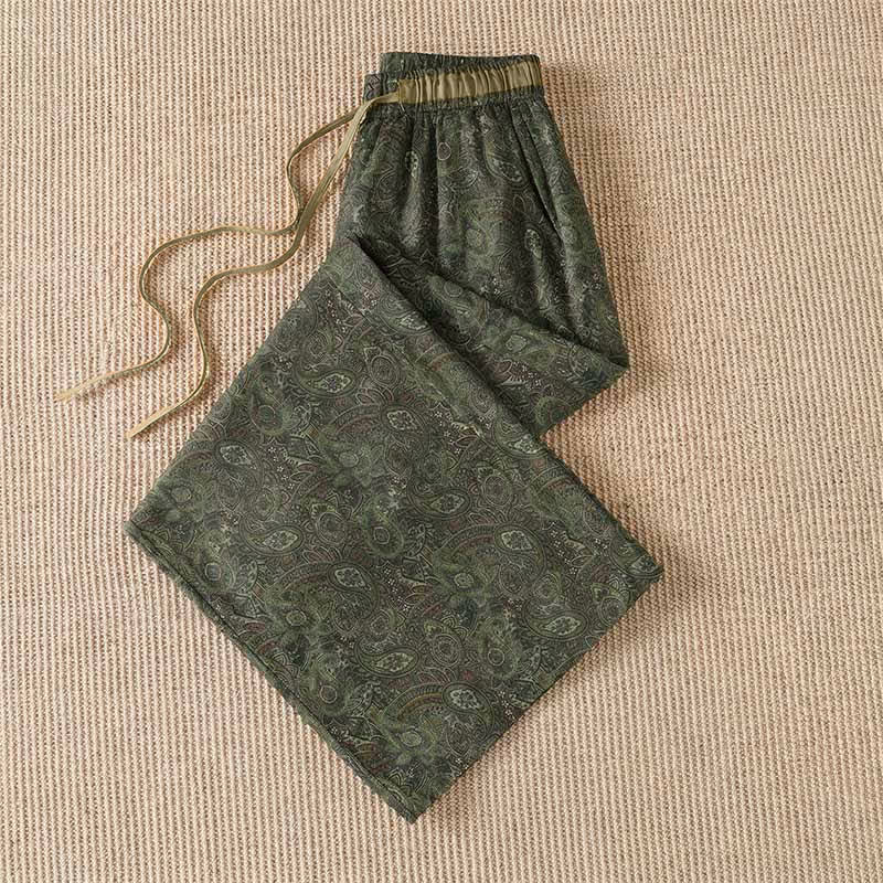 Nimara Ritual Spring Summer Boho Drawstring Green Abstract Long Pants Women's Wide Leg Pants With Pocket