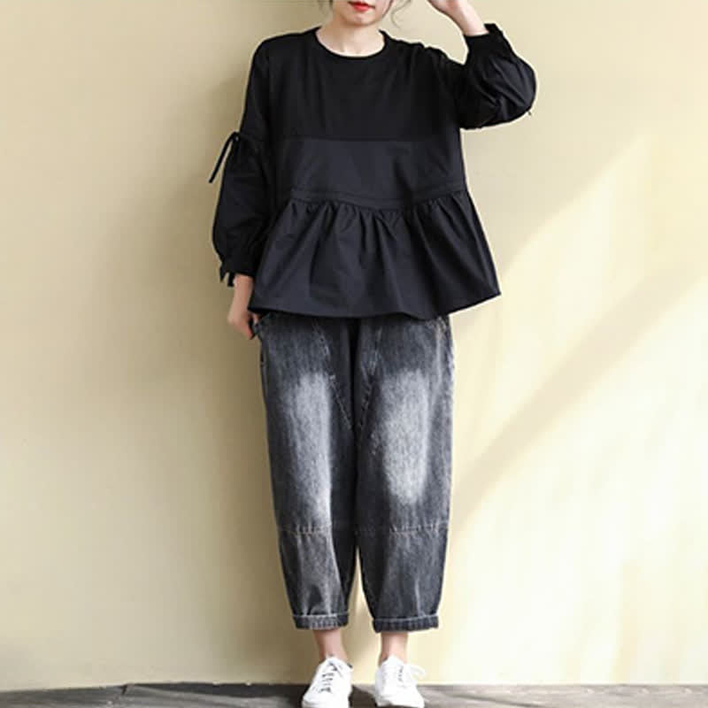 Nimara Ritual Spring Fall Casual Vintage Crew Neck Peplum Hem Drawstring Solid Women's Long Sleeve T-Shirt