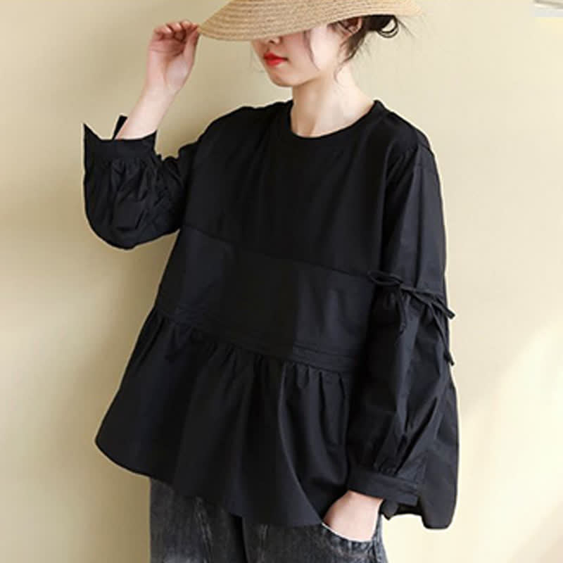 Nimara Ritual Spring Fall Casual Vintage Crew Neck Peplum Hem Drawstring Solid Women's Long Sleeve T-Shirt