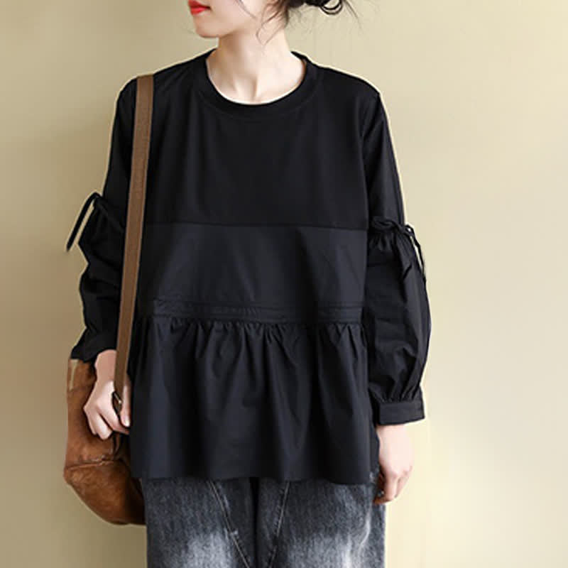 Nimara Ritual Spring Fall Casual Vintage Crew Neck Peplum Hem Drawstring Solid Women's Long Sleeve T-Shirt
