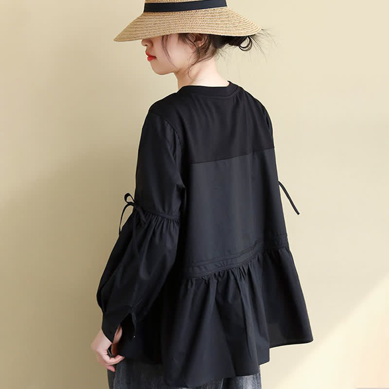 Nimara Ritual Spring Fall Casual Vintage Crew Neck Peplum Hem Drawstring Solid Women's Long Sleeve T-Shirt
