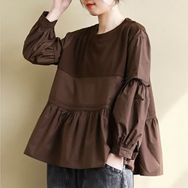 Nimara Ritual Spring Fall Casual Vintage Crew Neck Peplum Hem Drawstring Solid Women's Long Sleeve T-Shirt