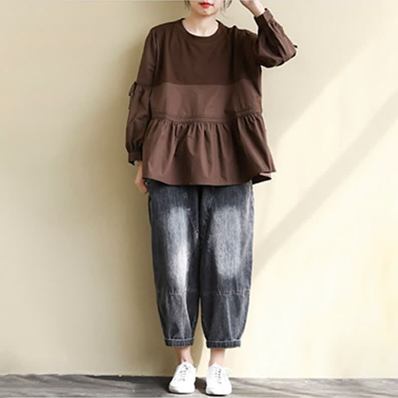 Nimara Ritual Spring Fall Casual Vintage Crew Neck Peplum Hem Drawstring Solid Women's Long Sleeve T-Shirt