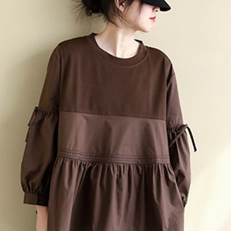 Nimara Ritual Spring Fall Casual Vintage Crew Neck Peplum Hem Drawstring Solid Women's Long Sleeve T-Shirt