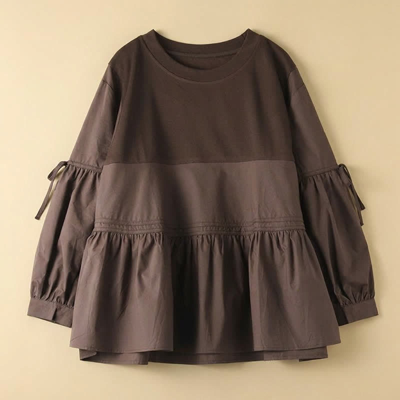 Nimara Ritual Spring Fall Casual Vintage Crew Neck Peplum Hem Drawstring Solid Women's Long Sleeve T-Shirt