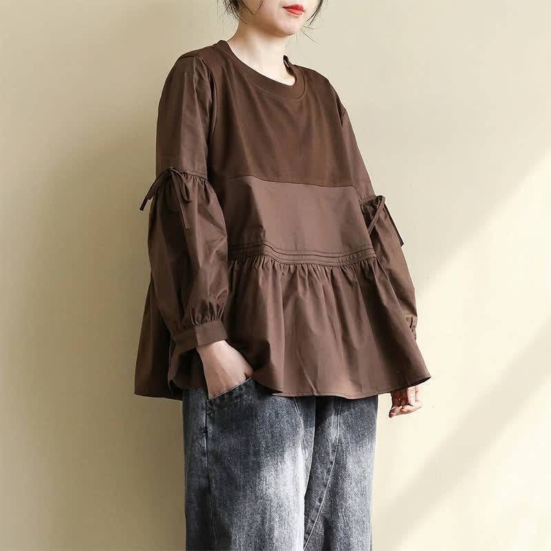 Nimara Ritual Spring Fall Casual Vintage Crew Neck Peplum Hem Drawstring Solid Women's Long Sleeve T-Shirt